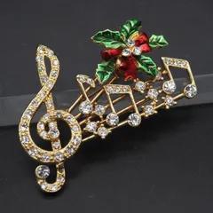 R415 ブローチ ダイヤモンド風 クリスマス ヒイラギ 音符 楽譜 ゴールドカラー デザイン コスチュームジュエリー