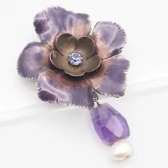 R389 PHILIPPE FERRANDIS フィリップフェランディス ブローチ アメジスト 真珠 大ぶり デザイン コスチュームジュエリー