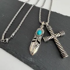 【海外限定品】クロスターコイズブルーフェザーネックレスユニセックスアクセサリー