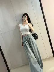 新品 アイス とろみ素材 ウエストゴム ライトブルーデニムパンツ ワイド デニム