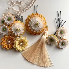 成人式 髪飾り 黄色 山吹色 つまみ細工 正絹 振袖 袴 卒業式 結婚式 和装 7点セット