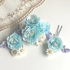 成人式 髪飾り ブルー グリーン つまみ細工 正絹 振袖 袴 卒業式 結婚式 上品 6点セット