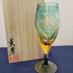 切子グラス　江戸切子　但野硝子　但野英芳作　グラス　切子　緑　グリーン　伝統工芸品　色被せ切子　ガラス工芸　シャンパングラス　ワイングラス
