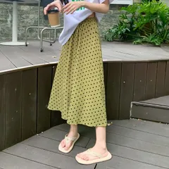 【003762F】ドット柄  ロング スカート 春夏服 ボトムス　グリーン