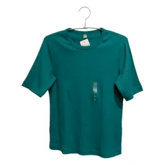 UNIQLO(ユニクロ)　レディース　普通生地　汚れ傷みなし　サイズL　グリーンリブクルーネックTシャツ