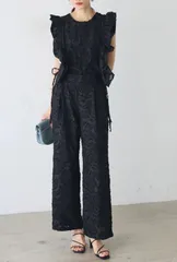 ANDREA&Co風 フリンジジャガード セットアップ フリルベスト×タックパンツ ブラック フラーネ好