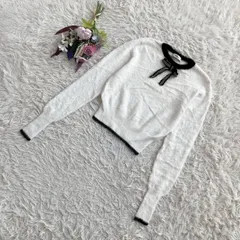 フォロワー限定お得なクーポン配布中！ 『ZARA』ザラ　ニットセーター　長袖　リボン　バイカラー　袖長めリブ　ショート丈　白(M)