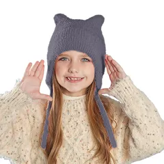 [LEZOOY] ニット帽 子供 秋冬 耳当て付き 4～10歳 ビーニーキャップ 防風防寒 保温 かわいい猫耳 裏起毛 柔らか 伸縮性 登山 自転車 スキー 小学生 男女兼用 頭囲50-54 CMに適用 0