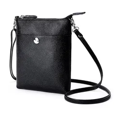 【新品】 [MANATAS] ミニショルダーバッグ スマホポーチ 本革 斜め掛け 天ファスナー 軽量 縦型 小さめ シンプル 肩掛け クロスボディ コンパクト サコッシュ (ブラック) 0
