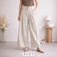 PLST プラステ☆リネンブレンドワイドパンツ ストライプ M ホワイト