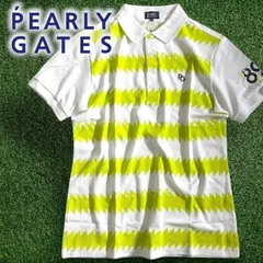 PEARLY GATES パーリーゲイツ ゴルフ 日本製 4口カノコ リブ切替 ギザギザボーダー柄 総柄 半袖 ポロシャツ ゴルフウェア 053-2160601 定価2万 ホワイト ライムグリーン ▲023▼50403w14