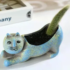 気持ち悪い顔のネコ グリーン 観葉植物 プランター 多肉植物 植木鉢 花瓶 緑 サボテン かわいい おしゃれ 室内 屋外 陶器 鉢植え 尻尾 引越し祝い プレゼント おもしろ雑貨 インテリア キャット 動物 オブジェ 置物