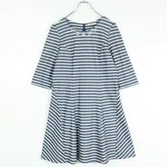 ローズティアラ★ビジュー付きボーダーワンピース♪フレアスカート サイズ42 青系 z18361