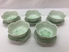【未使用品】有田焼　透し青磁　花形透かし　小鉢5　小皿5　10客セット