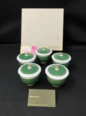 ［箱付］香蘭社 クリスタルグリーン 湯呑み 5客セット CG709-CJF 蓋付き 客間 食器 インテリア 金彩 緑 ホワイト 白 キッチン 