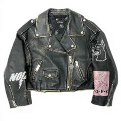 83c3 DIESEL ディーゼル ダブルライダースジャケット レザージャケット ダメージ加工 ペイント ワッペンデザイン XXSサイズ ブラック 羊革 レディース 女性用o07t