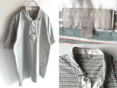 MARGARET HOWELL マーガレットハウエル コットン カットソー生地 ボーダー ポロシャツ L ライトグリーン オレンジ ホワイトのサムネイル
