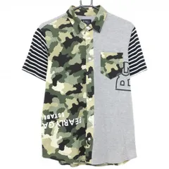 【超美品】パーリーゲイツ 半袖シャツ グレー×カーキ 一部カモフラ柄 袖ボーダー メンズ 5(L) ゴルフウェア PEARLY GATES