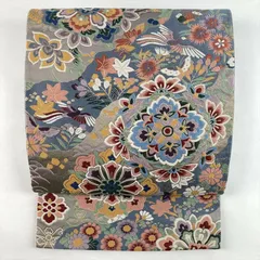 たんす屋 リユース帯 帯 （中古）袋帯 グレー 青 セミフォーマル フォーマル 六通  織り 金糸 道長取り 華文 花鳥 絹  洗い済 7650004037248