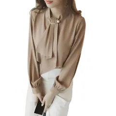 [レグエイト] ボウタイブラウス レディース 長袖 シフォン素材 シャツ スカーフタイ風 リボン付き トップス 春 秋 通勤 オフィスカジュアル きれいめ 着痩せ フォーマル シンプル 無地 おしゃれ (JP, アルファベット, XL, [ベージュ] [XL]