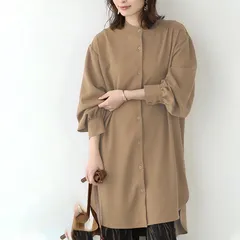 レディース長袖シャツワンピース  ゆったり 体型カバー ミディ丈 ライトブラウン