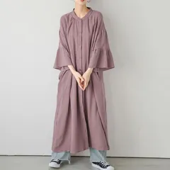 ロングスリーブワンピース  長袖シャツワンピース レディース  フレアスリーブ  ゆったり カジュアル 体型カバー パープル