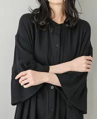 ロングスリーブワンピース  長袖シャツワンピース レディース  フレアスリーブ  ゆったり カジュアル 体型カバー ブラック