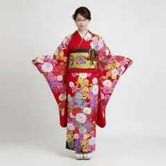 美品　正絹　振袖セット　振袖　袋帯　重ね衿　帯揚げ　帯締め　着付け小物セット　洗える長襦袢　赤　成人式　卒業式　結婚式　F028