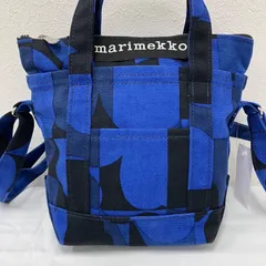 367　marimekko　マリメッコ　ハンドバッグ　 2way　ショルダーバッグ　キャンバス　 ブルー×ブラック系　青　黒　総柄　 MILLI MATKURI RUUTU UNIKKO　 ウニッコ　ロゴ　レディース