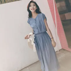 ワンピース ノースリーブ レディース  シフォンロングワンピース  ブルー