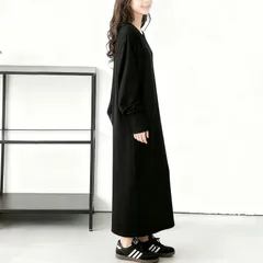 レディース長袖ワンピース   ワッフル生地 ゆったり 体型カバー 無地 ブラック