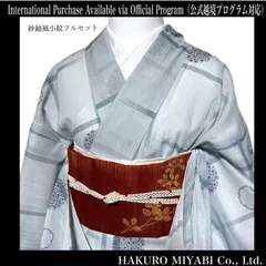 夏物 単衣 紗紬風 小紋 4点フルセット 上品ブルーグレー M〜L