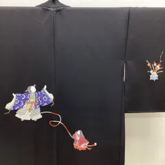 中古品　袷羽織　黒羽織　正絹　唐子　R521