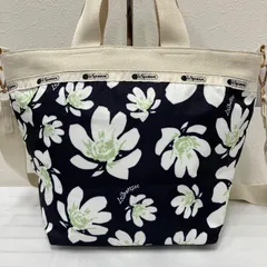 360　LeSportsac　レスポートサック　ハンドバッグ　 2way　ショルダーバッグ　BUCKET TOTE　 舟形　トロピカルガーデン　花柄　 ネイビー×ホワイト×ライムグリーン　紺　白　緑　 ナイロン　軽量　レディース