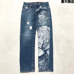 豊天商店 デニムパンツ ジーパン ジーンズ ヴィンテージ加工 ユーズド加工 ペイント 和柄 花柄 桜吹雪 Lサイズ インディゴブルー 青系 ブーデンショウテンのサムネイル