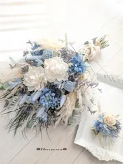 ✿✴春の訪れウェディングブーケ✴✿ブルー&ホワイト✴ドライフラワーブーケ✴ブートニア✿前撮り✴ブライダル✴ウェディングフォト