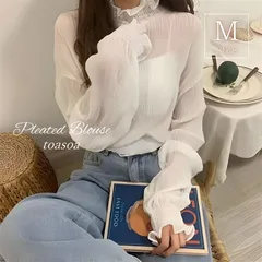 toasoa ハイネック ブラウス レディース 長袖 フリル シアーシャツ シフォン シースルー 透け 01 - (白,  M)