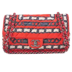 CHANEL シャネル ショルダーバッグ マトラッセ 25cm  ベルト柄 シングル チェーンショルダー コットン×ラムスキン  バイカラー シルバー金具 レディースバッグ ブランド【中古】【送料無料】
