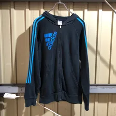 2072 adidas ジップアップパーカー ブラック ブルー S アディダス スウェット フルジップ プリントロゴ 古着卸 アメリカ仕入