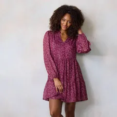 LC Lauren Conrad レディース トップス ワンピース ティアード プチ シャツ Petite LC Lauren Conrad Babydoll Tiered Shirt Dress Wine Flowy Fleurs ワイン