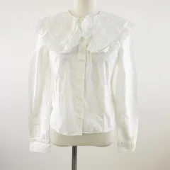 エイチ&エム H&M シャツ ブラウン ビックカラー 長袖 刺繍 白 S *T919