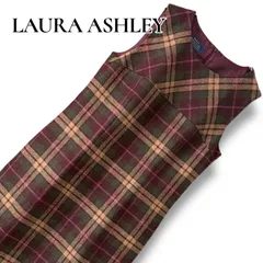LAURA ASHLEY ローラアシュレイ レディース ノースリーブ ワンピース 膝丈 ジャンパースカート ウール100% 英国製生地使用 チェック柄 えんじ ワインレッド Lサイズ相当 UK12 上質素材 秋冬 エレガントクラシカル 0001146OC