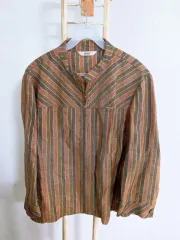 ヴィンテージ (77) DAKS レディース リネン100% ストライプ 7分丈 ノーカラージャケット