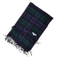 ◆ Johnstons ジョンストンズ カシミヤ100% ネイビー×グリーン チェック柄 大判ストール マフラー スコットランド製 中古品◆ V3003NA