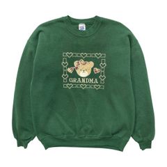 古着 USA製 90S JERZEES ジャージーズ アニマル ベア クマ 祖母 ヴィンテージ スウェット トレーナー 刺繍 レディースL グリーン BD3623