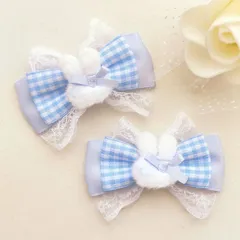 ヘアクリップリボン 水色 ギンガムチェック レース 量産型 ふわふわ うさぎ 青 地雷 ロリィタ ロリータ ゴスロリ アイドル サブカル 天使界隈 推し 姫系 イベント ヘアメ