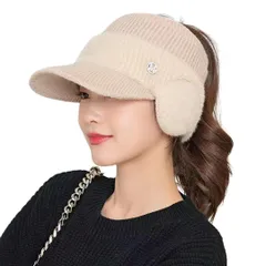 [DeerLuxe] 耳当てにっときゃっぷ ポニーテール対応ニットキャップ ツバ広ニット帽 にっときゃっぷ 日差し避けニットきゃっぷ バイザーにっと帽子 ニット帽 スポーツキャップ スポーツニットきゃっぷ ケーブ [B.ベージュ] [Free Size-0X]