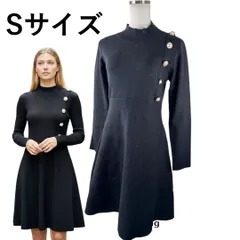 ハイネック　長袖ニットワンピース　オケージョン　フレア　黒　パールボタン付　S