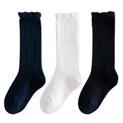 キッズ ハイソックス 女の子 3足セット ガールズ 靴下 フォーマル ソックス 無地 フリル リブ編み シンプル そっくす くつした こども ドレス ピアノ 発表会 卒園 入学 式 七 [A:ブラック・ネイビー・ホワイト] [3] [19.0-23.0 cm]