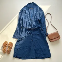 ミズイロインド インディゴ染め リネン100 麻 羽織 ガウンシャツ ワンピース ロング ネイビー  フリー 長袖